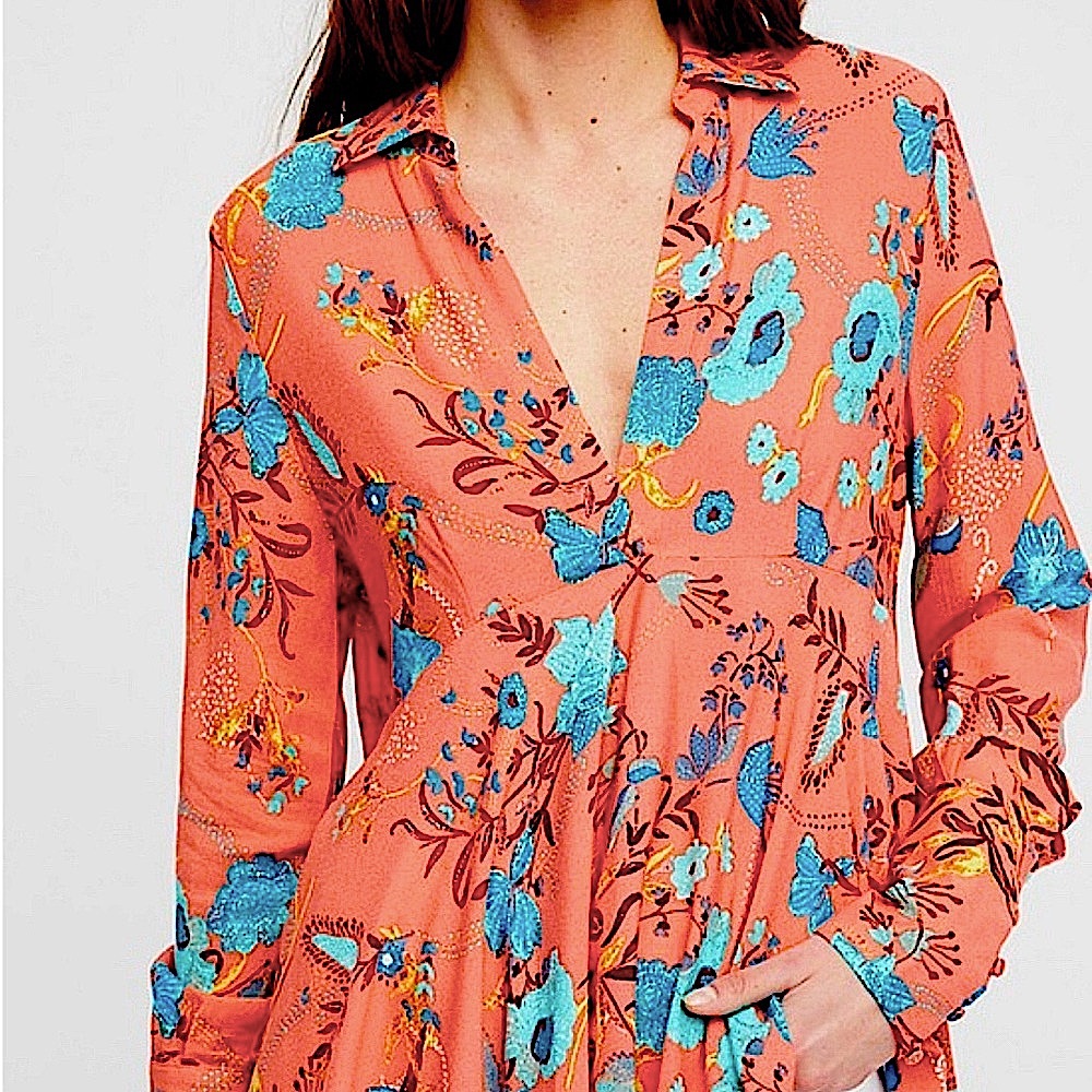 Free People Women’s Floral Coral Orange Flowy V Neck Tunic High Low Top Dress XS